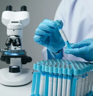 Laboratory researcher in blue gloves holding a test tube over a rack of samples beside a microscope