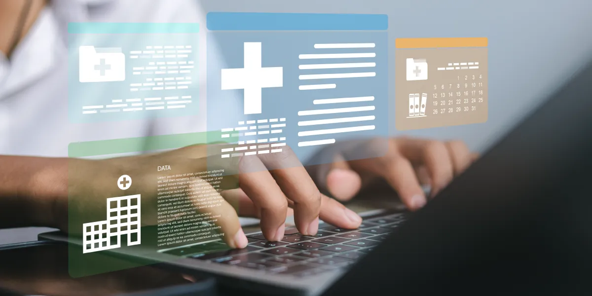 Person typing on a laptop with floating digital healthcare interface panels displaying medical data, documents, and a calendar